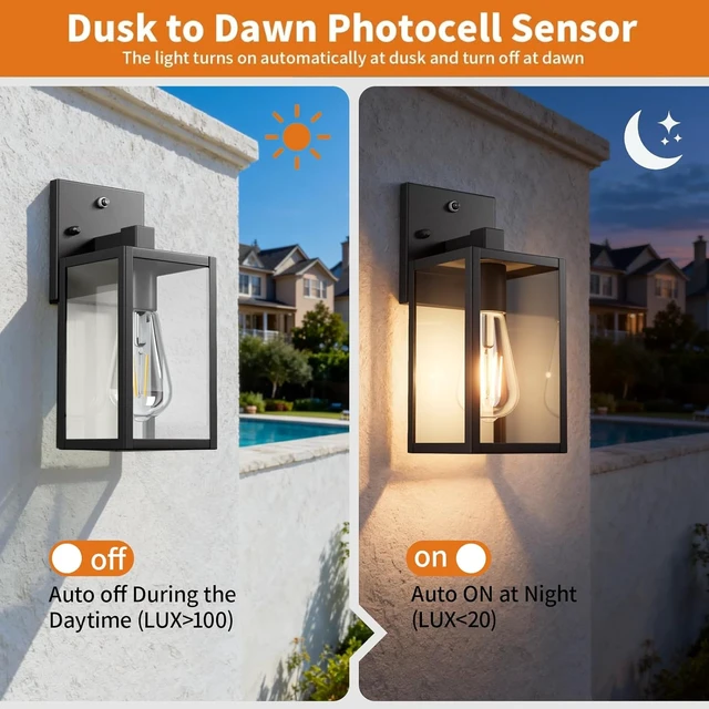 Alt view image 2 of 7 - Dusk to Dawn Outdoor Porch Lighting Fixtures Wall Mount, Sensor Exterior Wall Light for House, Ouside Lantern Lamp, Waterproof Wall Sconce Lights, Black Metal Coach Light for Garage Entryway