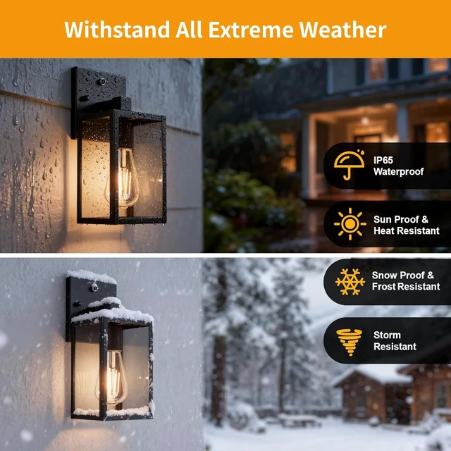 Alt view image 4 of 7 - Dusk to Dawn Outdoor Porch Lighting Fixtures Wall Mount, Sensor Exterior Wall Light for House, Ouside Lantern Lamp, Waterproof Wall Sconce Lights, Black Metal Coach Light for Garage Entryway