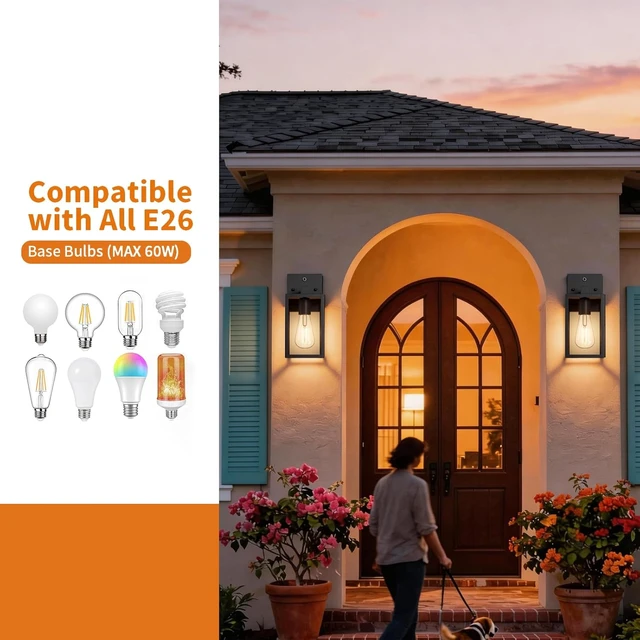 Alt view image 5 of 7 - Dusk to Dawn Outdoor Porch Lighting Fixtures Wall Mount, Sensor Exterior Wall Light for House, Ouside Lantern Lamp, Waterproof Wall Sconce Lights, Black Metal Coach Light for Garage Entryway