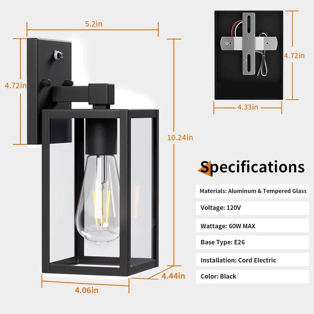 Alt view image 6 of 7 - Dusk to Dawn Outdoor Porch Lighting Fixtures Wall Mount, Sensor Exterior Wall Light for House, Ouside Lantern Lamp, Waterproof Wall Sconce Lights, Black Metal Coach Light for Garage Entryway