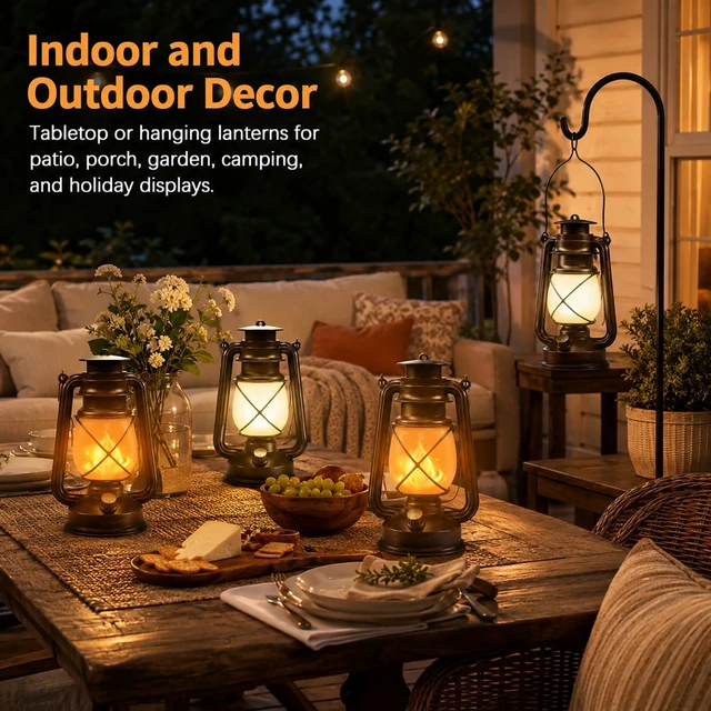 Alt view image 5 of 7 - Outdoor Lanterns Waterproof Hanging Vintage LED Camping Lamps with Dancing Flame Non-Solar Remote Control Light Landscape Decor for Table Patio Garden Yard Pathway Porch 2Pack (3AA Batteries Power)