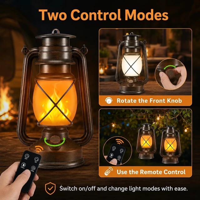 Alt view image 4 of 7 - Outdoor Lanterns Waterproof Hanging Vintage LED Camping Lamps with Dancing Flame Non-Solar Remote Control Light Landscape Decor for Table Patio Garden Yard Pathway Porch 2Pack (3AA Batteries Power)