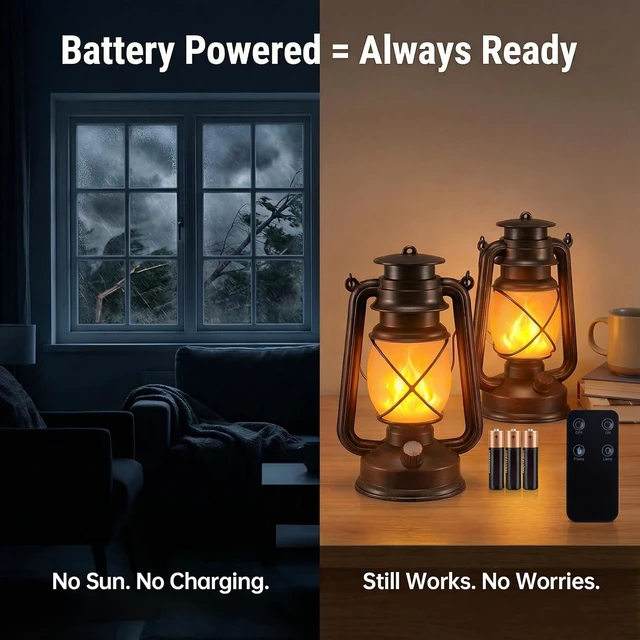 Alt view image 6 of 7 - Outdoor Lanterns Waterproof Hanging Vintage LED Camping Lamps with Dancing Flame Non-Solar Remote Control Light Landscape Decor for Table Patio Garden Yard Pathway Porch 2Pack (3AA Batteries Power)