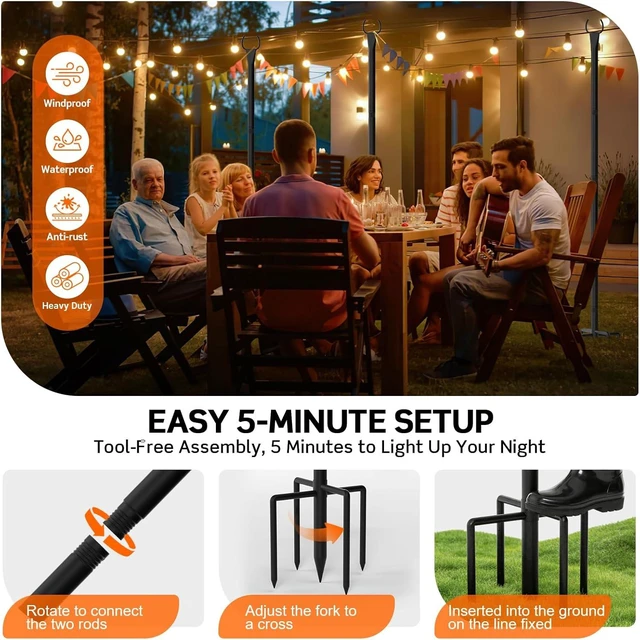 Alt view image 6 of 7 - String Light Poles 4-Pack - 10FT, 5-Prong Base for Patio Deck
