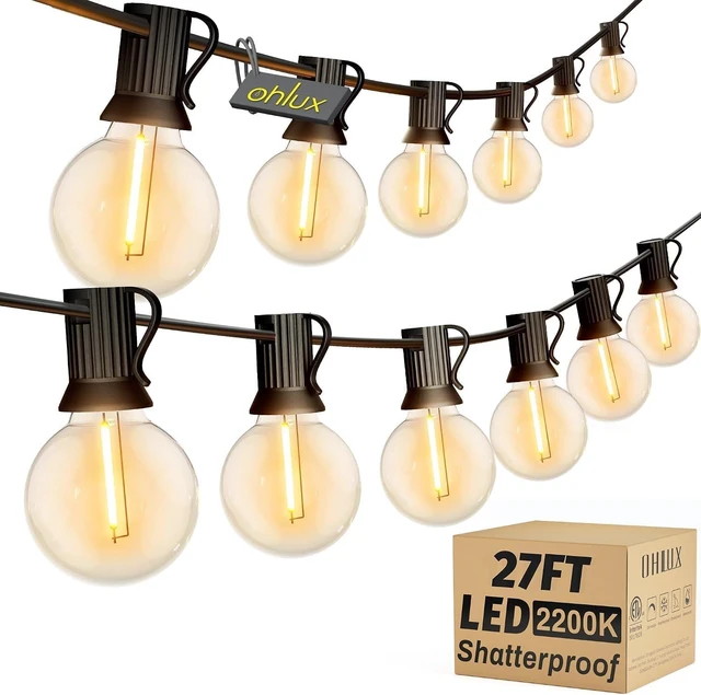Main image of OHLUX Outdoor String Lights, 27FT LED Patio Lights with 13 Dimmable Plastic G40 Globe Bulbs(1 Spare), 2200K Waterproof Connectable Hanging Lights for Backyard Porch Cafe Party Decor E12 Socket Base
