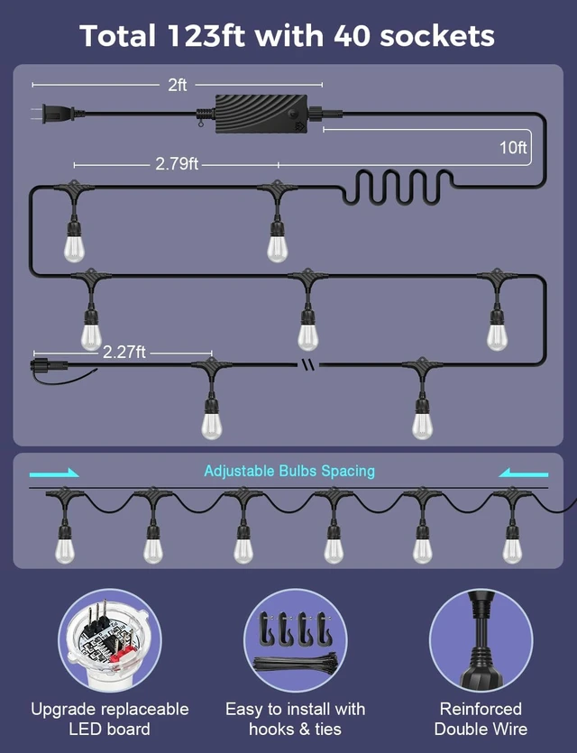 Alt view image 7 of 7 - XMCOSY+ Smart Outdoor String Lights 123FT, LED Patio Light with App Control