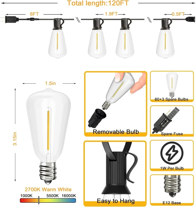 Alt view image 4 of 7 - Svater Outdoor String Lights 120 FT, Waterproof Patio Light with 63 Bulbs