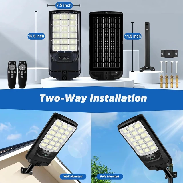 Alt view image 6 of 7 - Solar Street Lights Outdoor, 21000LM 6500K Motion Sensor Solar Lights Waterproof, Dusk to Dawn Solar-Powered Flood Lights with Remote, Commercial Area Lighting for Parking Lot Driveway Garage, 2-Pack