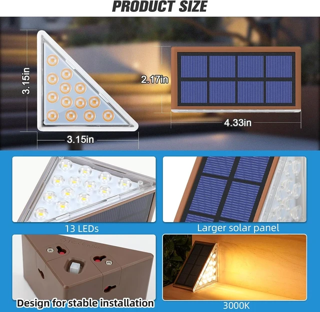 Alt view image 4 of 7 - NIORSUN Outdoor Stair Lights 6 Pack, Solar Step Lights IP67 Waterproof with 13 Bright LEDs, 3000K Warm White, Auto On/Off, Triangular Design for Steps, Deck, Patio, Yard, Porch, Sidewalk