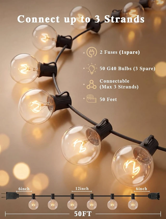 Alt view image 2 of 7 - Abeja 50FT G40 Globe String Lights, Outdoor Patio Lights