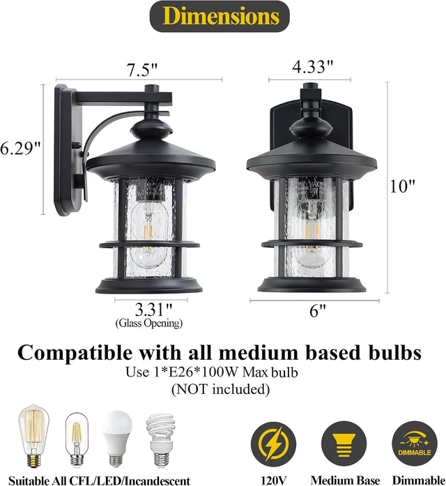 Alt view image 3 of 6 - MICSIU 100W Max Modern Industrial Textured Black Outdoor Wall Light 1 Pack