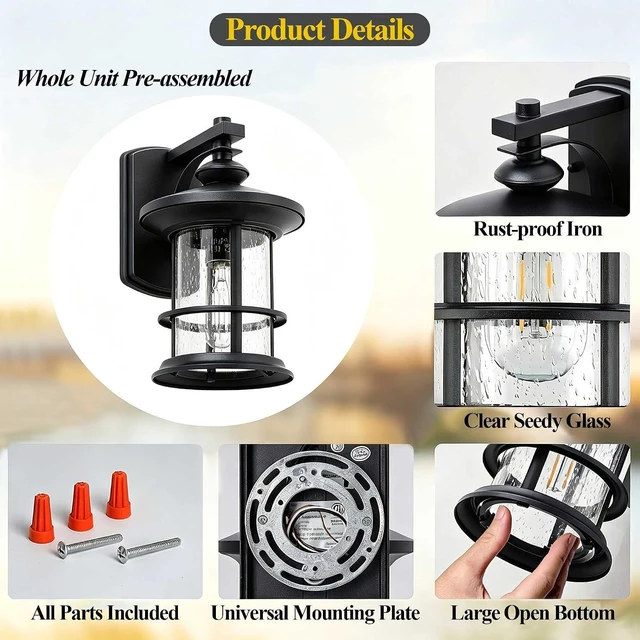 Alt view image 5 of 6 - MICSIU 100W Max Modern Industrial Textured Black Outdoor Wall Light 1 Pack