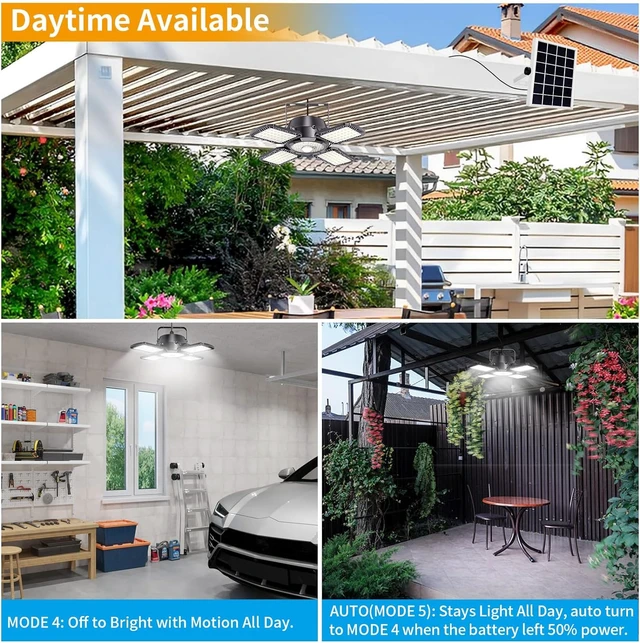 Alt view image 2 of 7 - Solar Shed Light Outdoor Indoor, 176LED Solar Powered Motion Sensor Pendant Light Daytime Available, Solar Indoor Lights with 5 Lighting Modes & Remote for Shed Gazebo Barn Garage Home
