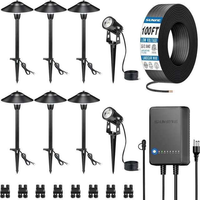 Main image of SUNVIE All-in-One LED Low Voltage Landscape Lighting Kit 6 Pathway Lights 2 Spotlights with 60W Photocell Transformer 100FT Wire for Path&Garden, Aluminum, ETL Listed, Dusk to Dawn, Waterproof, 3000K