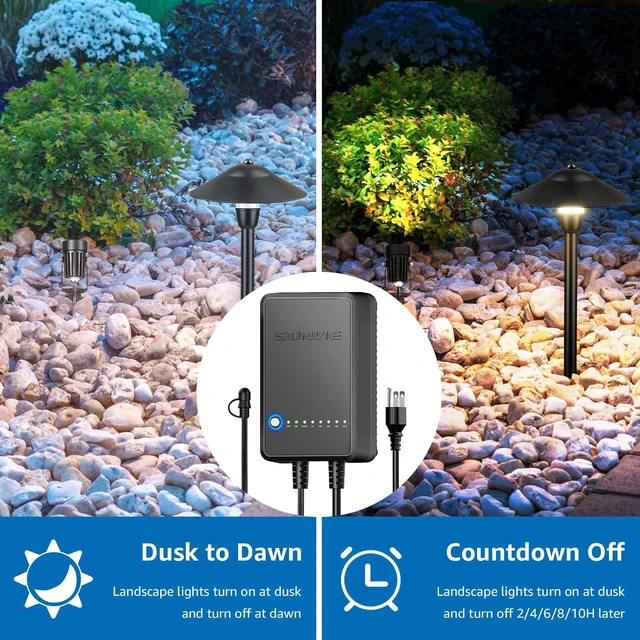 Alt view image 4 of 7 - SUNVIE All-in-One LED Low Voltage Landscape Lighting Kit 6 Pathway Lights 2 Spotlights with 60W Photocell Transformer 100FT Wire for Path&Garden, Aluminum, ETL Listed, Dusk to Dawn, Waterproof, 3000K