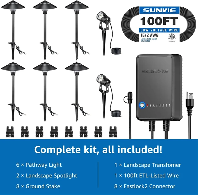 Alt view image 6 of 7 - SUNVIE All-in-One LED Low Voltage Landscape Lighting Kit 6 Pathway Lights 2 Spotlights with 60W Photocell Transformer 100FT Wire for Path&Garden, Aluminum, ETL Listed, Dusk to Dawn, Waterproof, 3000K