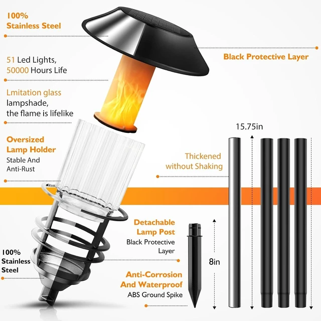 Alt view image 3 of 6 - ZOOHAR Solar Outdoor Lights,Extra-Tall Solar Torches with Flickering Flame 4-Pack Waterproof Garden Lights,Stainless Steel Pathway Lighting Garden Decor, Yard Decorations Outdoor Auto On/Off