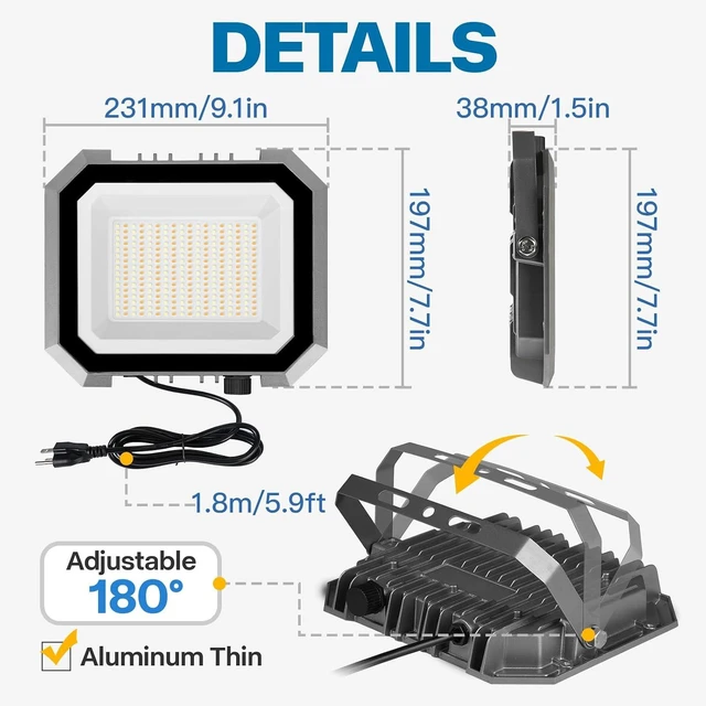 Alt view image 2 of 7 - Leddictive 2 Pack 100W LED Flood Lights Outdoor, 3CCT Outside Work Light