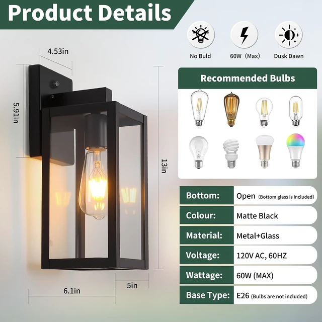 Alt view image 2 of 7 - Dawn to Dusk Outdoor Sensor Light Fixture Waterproof Porch Lights Anti-Rust Exterior Wall Lighting Outdoor Wall Lantern for Patio Front Door Garage House