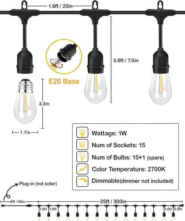 Alt view image 6 of 7 - Gmnee 25FT Outdoor String Lights Waterproof for Patio, Balcony & Gazebo