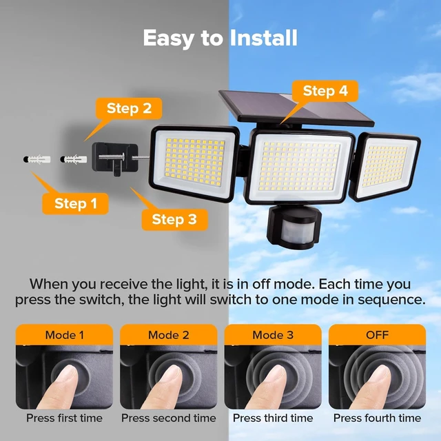 Alt view image 6 of 7 - UME Solar Outdoor Lights 302 LED 3000LM, IP65 Waterproof Motion Sensor Outdoor Lights, 3 Heads Solar Security Flood Lights 270 Wide Lighting Angle with 3 Modes for Garden Patio Yard - 2 Pack