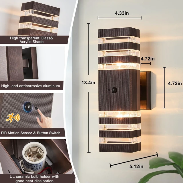 Alt view image 2 of 5 - 2 Pack Oil Rubbed Bronze Outdoor Wall Lights Fixtures with Motion Sensor Up Down Porch Lights Modern Dusk Dawn Exterior Sconce Wall Mount Outside Coach Lantern for House(With 4 Dimmable Warm Bulbs)