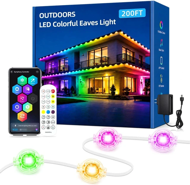 Main image of 200ft Permanent RGB+IC Outdoor Lights for House IP67 Waterproof Smart Outdoor Eaves LED Lights with App/Remote Control for House Roof, Garden, Christmas Halloween Decorations, Party Decor
