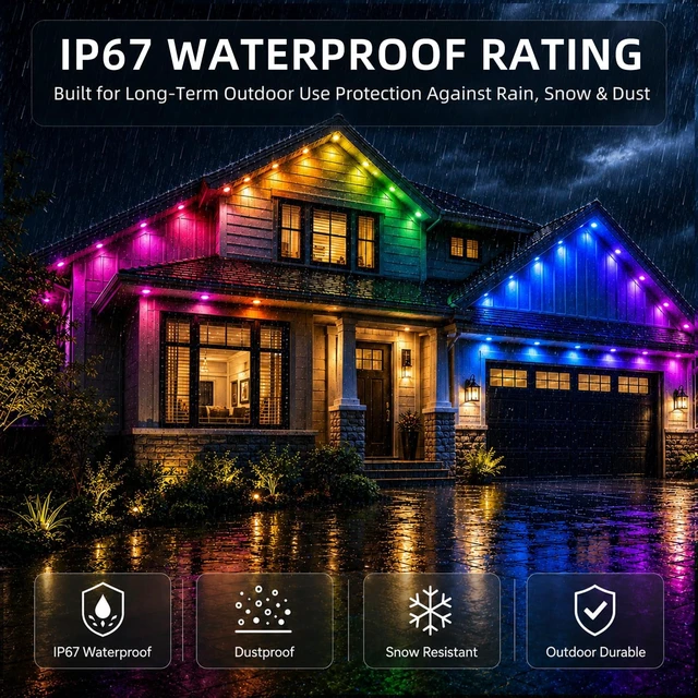 Alt view image 7 of 7 - 200ft Permanent RGB+IC Outdoor Lights for House IP67 Waterproof Smart Outdoor Eaves LED Lights with App/Remote Control for House Roof, Garden, Christmas Halloween Decorations, Party Decor
