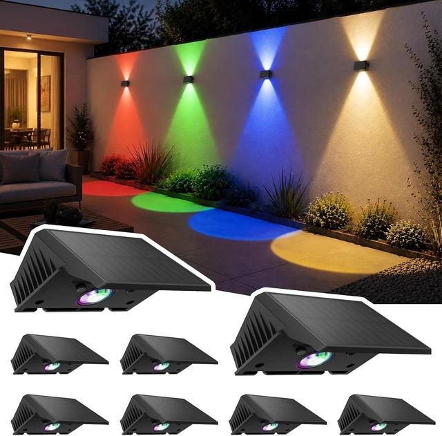 Main image of Fence Lights Solar Powered, Multicolor Solar Wall Lights Outdoor Waterproof IP67, Up and Down Solar Fence Lights Outdoor Dusk to Dawn for Patio, Garden, Backyard, Porch, Pathway, Festival (8 Pack)