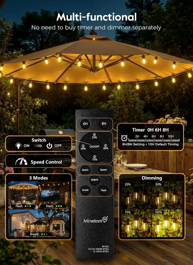 Alt view image 4 of 7 - Minetom 100FT Solar String Lights Outdoor Waterproof, S14 Patio Lights
