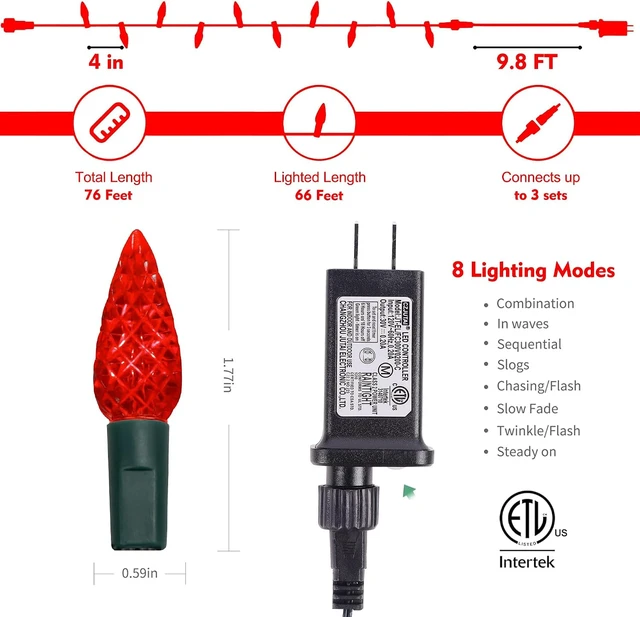 Alt view image 2 of 7 - WATERGLIDE C6 Christmas Lights, 66ft 200 LED Faceted String Lights Green Wire Valentines Fairy Lights with Adaptor, 8 Lighting Mode, Waterproof for Indoor Outdoor Patio Xmas Tree Party Decor, Red