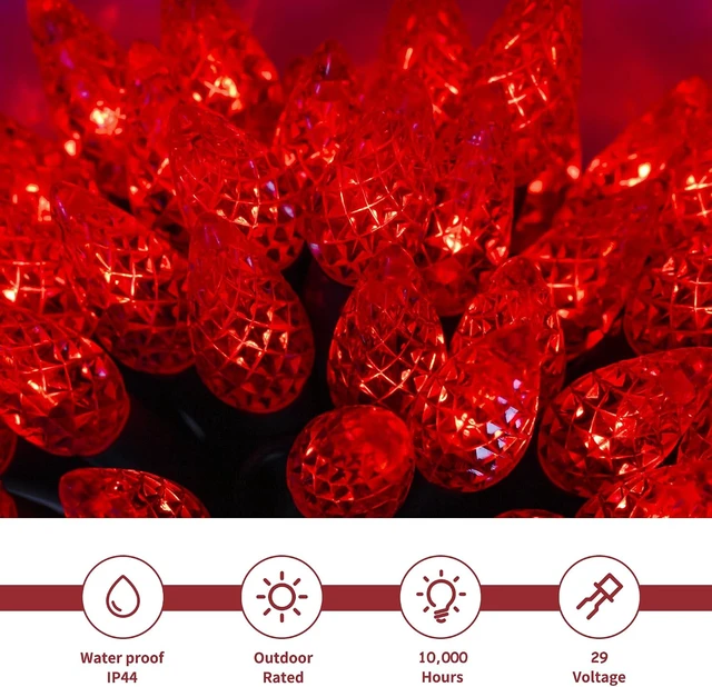 Alt view image 3 of 7 - WATERGLIDE C6 Christmas Lights, 66ft 200 LED Faceted String Lights Green Wire Valentines Fairy Lights with Adaptor, 8 Lighting Mode, Waterproof for Indoor Outdoor Patio Xmas Tree Party Decor, Red