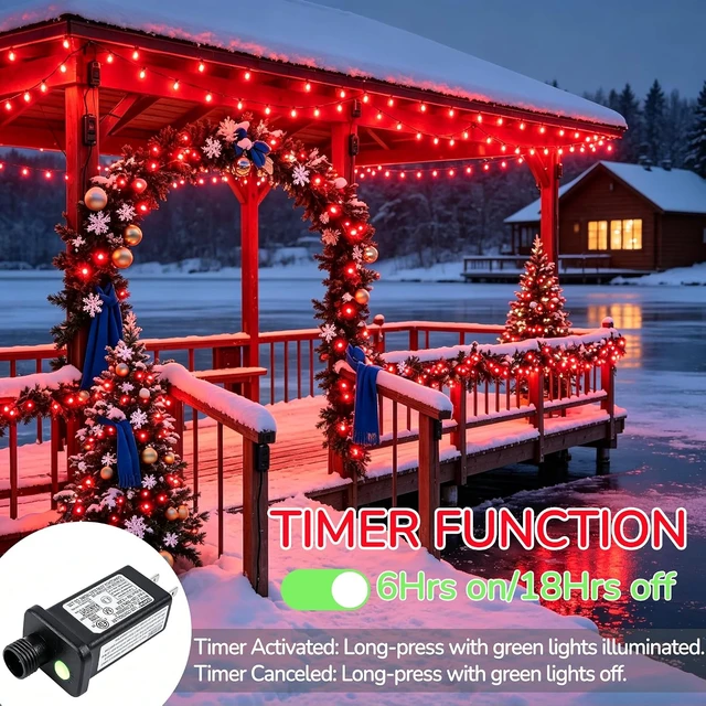 Alt view image 4 of 7 - WATERGLIDE C6 Christmas Lights, 66ft 200 LED Faceted String Lights Green Wire Valentines Fairy Lights with Adaptor, 8 Lighting Mode, Waterproof for Indoor Outdoor Patio Xmas Tree Party Decor, Red