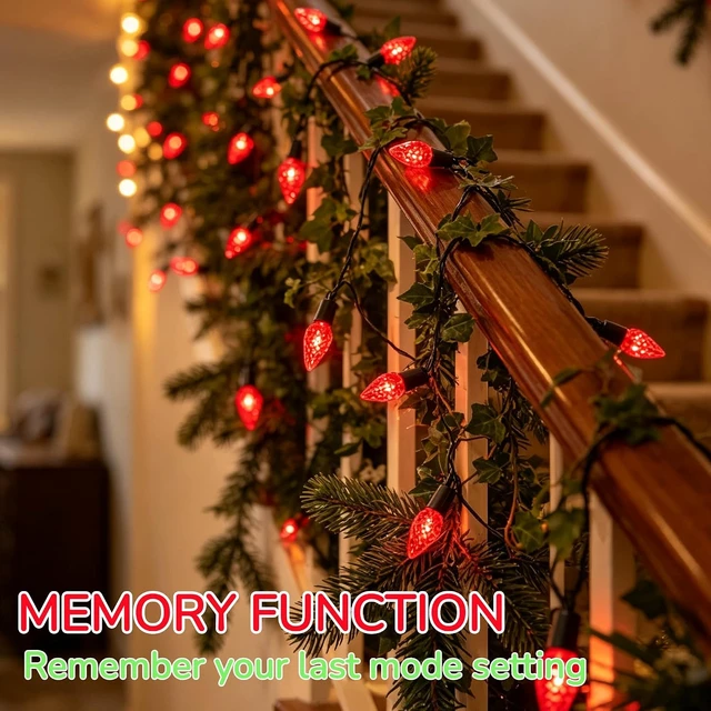 Alt view image 5 of 7 - WATERGLIDE C6 Christmas Lights, 66ft 200 LED Faceted String Lights Green Wire Valentines Fairy Lights with Adaptor, 8 Lighting Mode, Waterproof for Indoor Outdoor Patio Xmas Tree Party Decor, Red