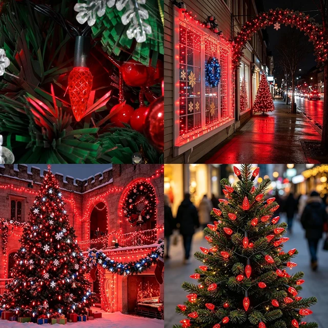 Alt view image 6 of 7 - WATERGLIDE C6 Christmas Lights, 66ft 200 LED Faceted String Lights Green Wire Valentines Fairy Lights with Adaptor, 8 Lighting Mode, Waterproof for Indoor Outdoor Patio Xmas Tree Party Decor, Red