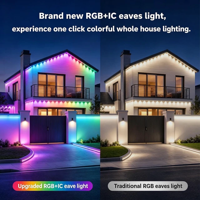 Alt view image 2 of 7 - 200ft Permanent RGB+IC Outdoor Lights for House IP67 Waterproof Smart Outdoor Eaves LED Lights with App/Remote Control for House Roof, Garden, Christmas Halloween Decorations, Party Decor