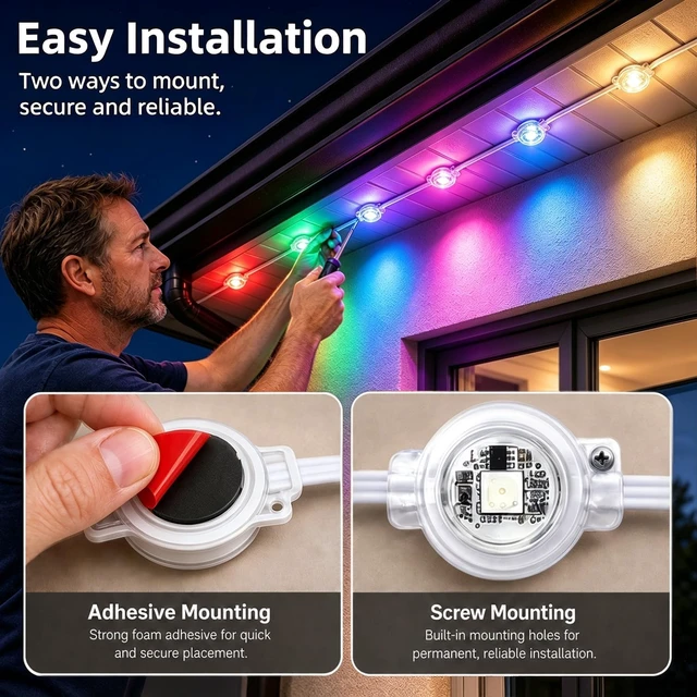 Alt view image 4 of 7 - 200ft Permanent RGB+IC Outdoor Lights for House IP67 Waterproof Smart Outdoor Eaves LED Lights with App/Remote Control for House Roof, Garden, Christmas Halloween Decorations, Party Decor