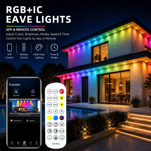 Alt view image 5 of 7 - 200ft Permanent RGB+IC Outdoor Lights for House IP67 Waterproof Smart Outdoor Eaves LED Lights with App/Remote Control for House Roof, Garden, Christmas Halloween Decorations, Party Decor
