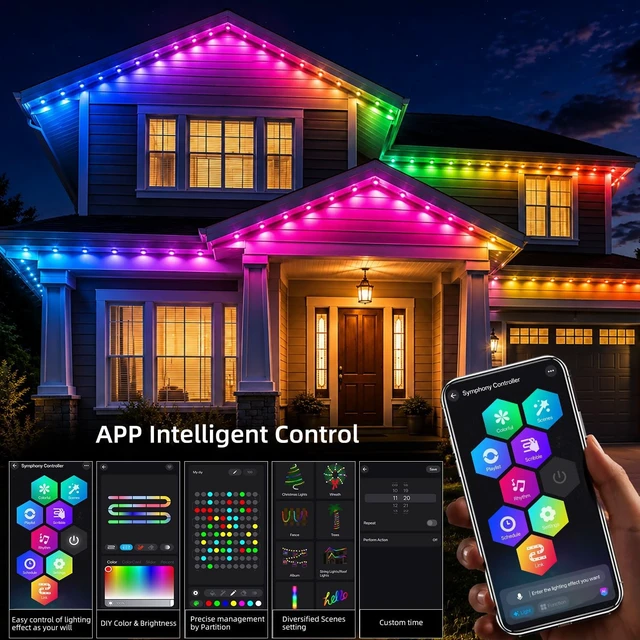 Alt view image 6 of 7 - 200ft Permanent RGB+IC Outdoor Lights for House IP67 Waterproof Smart Outdoor Eaves LED Lights with App/Remote Control for House Roof, Garden, Christmas Halloween Decorations, Party Decor