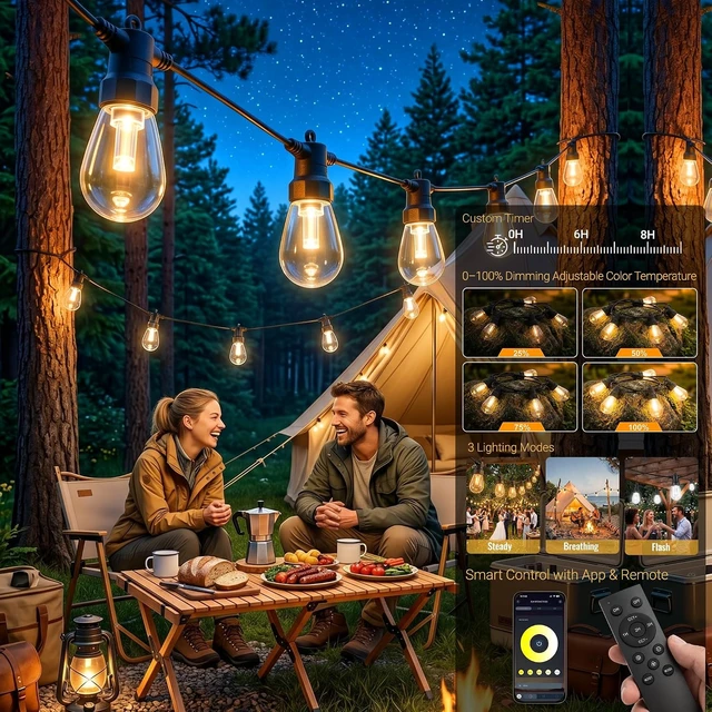 Alt view image 2 of 7 - Outdoor String Lights 50FT,Warm & Cool White Patio Lights,Waterproof