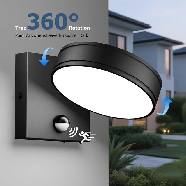 Alt view image 3 of 7 - 360° Adjustable Motion Sensor Outdoor Wall Sconce, 1500LM Dimmable LED Frameless Solid Aluminum Light, Waterproof Exterior Lighting for Porch Garage Entryway Patio