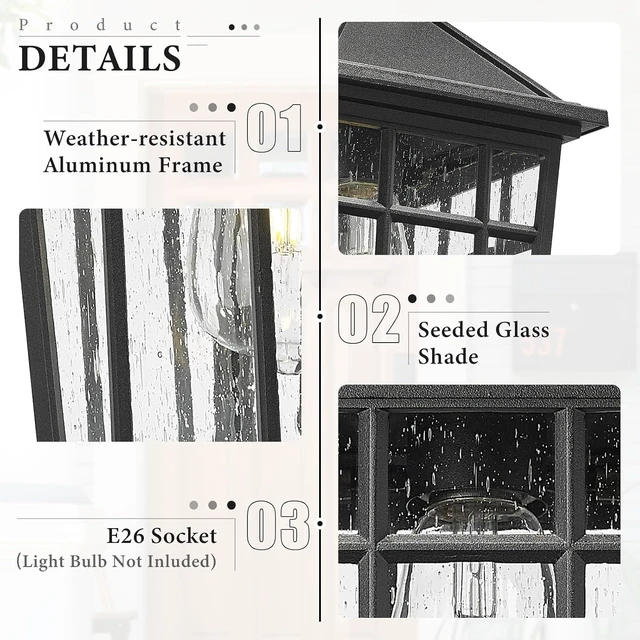 Alt view image 3 of 7 - Darkaway Outdoor Wall Lights for House, Exterior Lighting Fixtures Wall Mount Outdoor Porch Lights Waterproof Black Outdoor Sconce Lights with Seeded Glass for Patio Hallway Garage