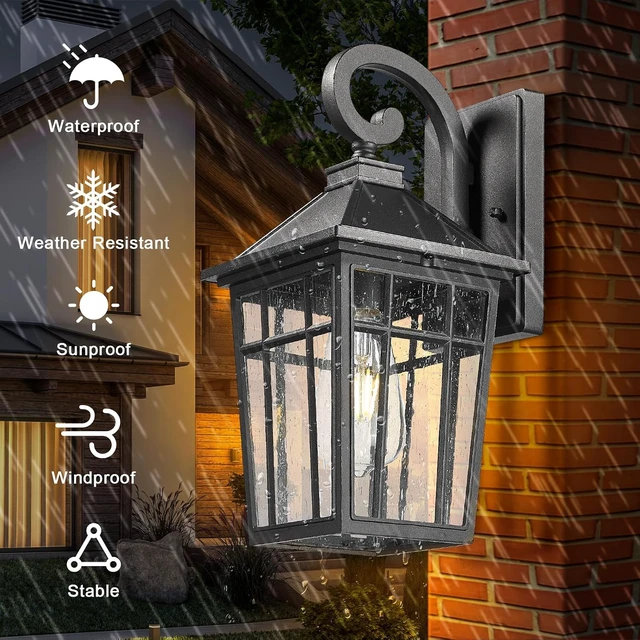 Alt view image 5 of 7 - Darkaway Outdoor Wall Lights for House, Exterior Lighting Fixtures Wall Mount Outdoor Porch Lights Waterproof Black Outdoor Sconce Lights with Seeded Glass for Patio Hallway Garage
