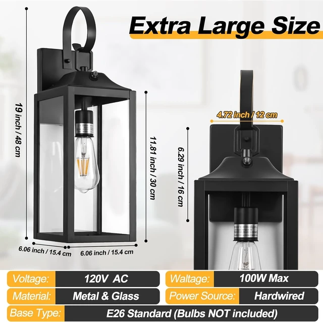 Alt view image 6 of 7 - 19" Large Black Dusk to Dawn Outdoor Wall Lantern Porch Light Outdoor