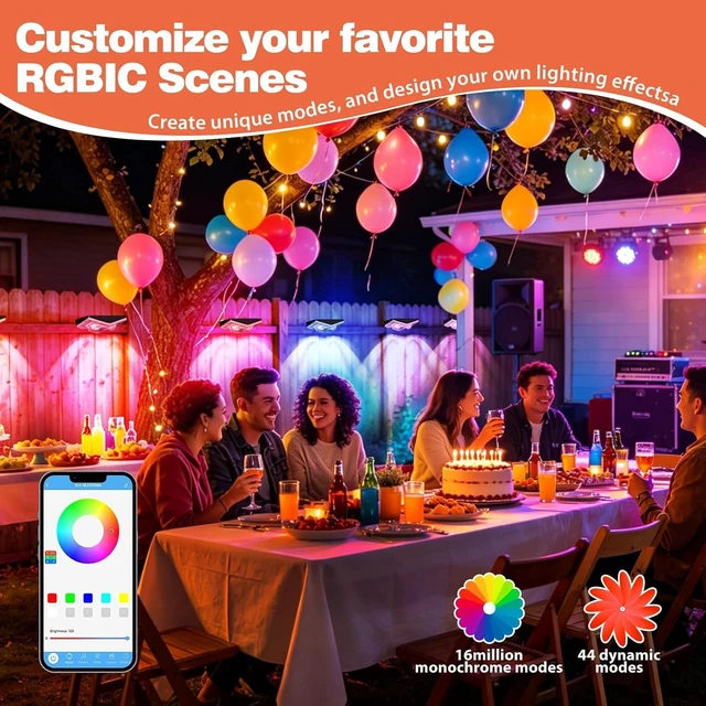 Alt view image 2 of 7 - Outdoor Fence Lights Plug in, 50FT RGBIC LED Fence Lights, App & Remote Control, 100 Scene Modes, IP67 Waterproof Outdoor Lights for Backyard, Patio, Deck - Brighter Than Solar Lights