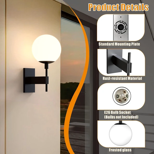 Alt view image 6 of 7 - Hyunbae Modern Globe Outdoor Wall Sconce, 18.1" Large Black Porch Lights