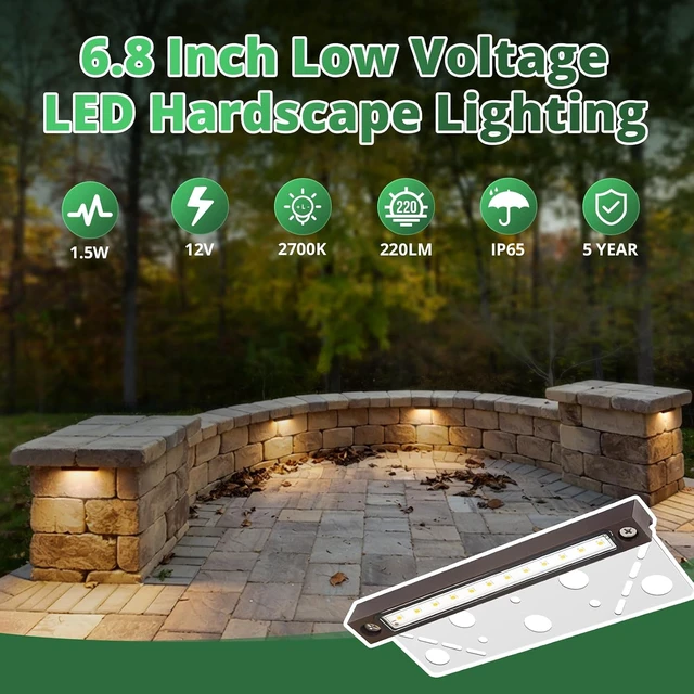 Alt view image 2 of 7 - GKOLED 8 Pack 6.8 Inches LED Hardscape Lights, Low Voltage Retaining Wall Light Waterproof, 12V AC/DC Landscape Lighting, 1.5W 2700K, Classic Step Lights Outdoor, Die-cast Aluminum Housing