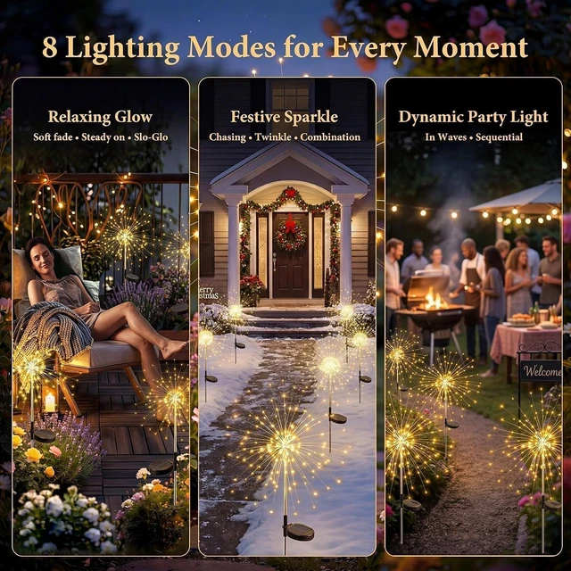 Alt view image 3 of 7 - Solar Garden Lights Outdoor 4 Pack, 120LED Solar Starburst Twinkle Firework Lights with 8 Modes,Waterproof Decorative Fairy Light for Yard, Garden, Halloween & Christmas Landscape Decor