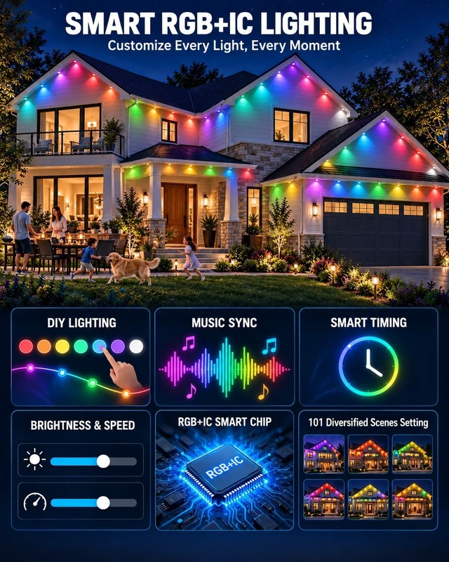 Alt view image 4 of 7 - Permanent Outdoor Lights, 250FT RGB + IC Smart Christmas Eave Lights