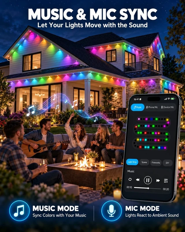 Alt view image 7 of 7 - Permanent Outdoor Lights, 250FT RGB + IC Smart Christmas Eave Lights